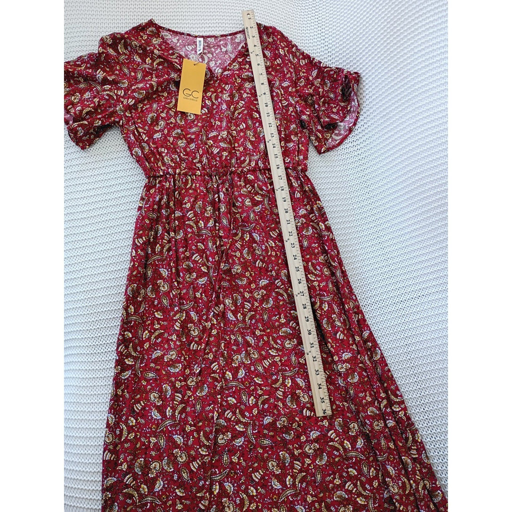 NWT Grecerelle Red Paisley Floral Maxi Dress V-Neck Short Sleeve Elastic Waist M