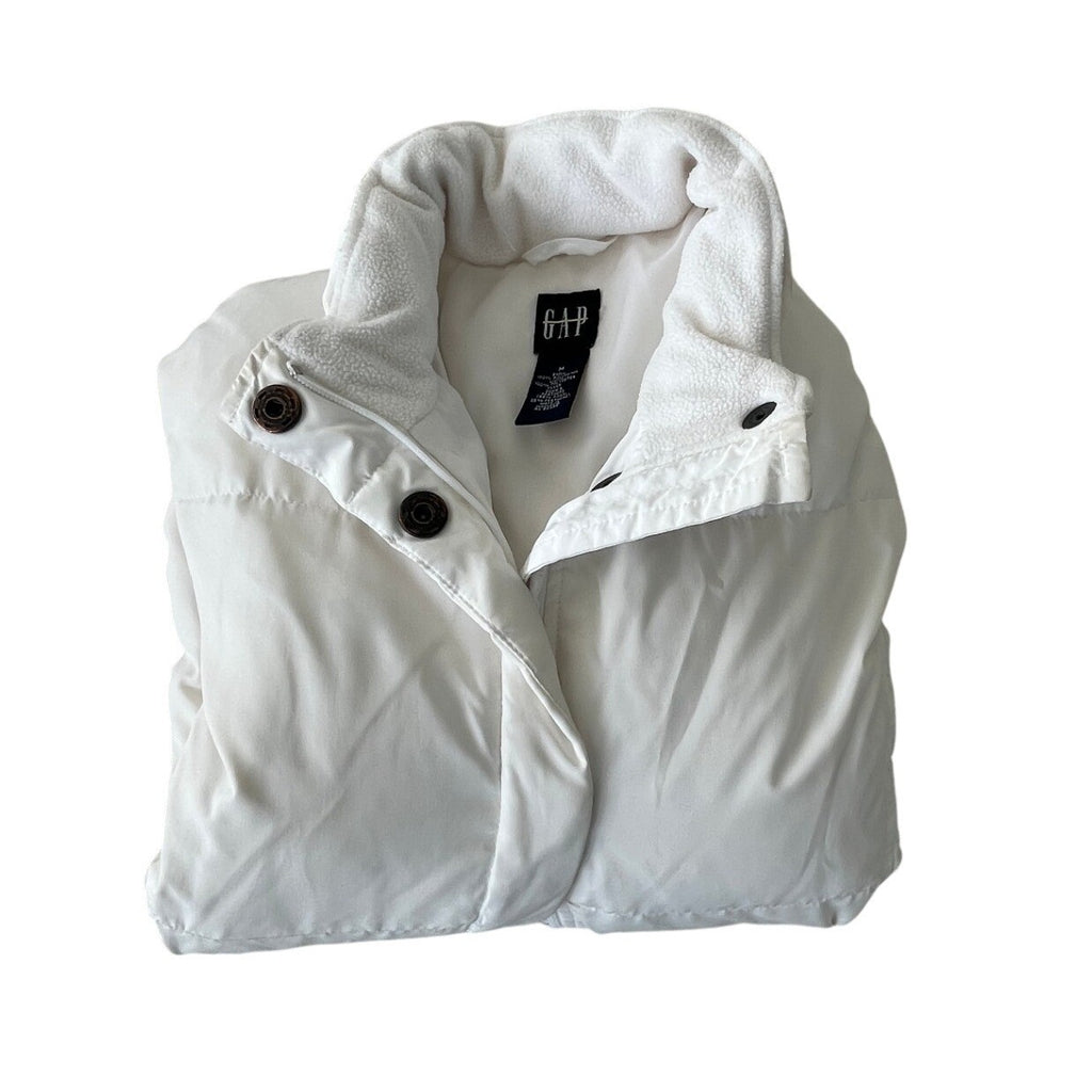 GAP Puffer Jacket White Down Quilted Fleece Lined Collar Full Zip Pockets M