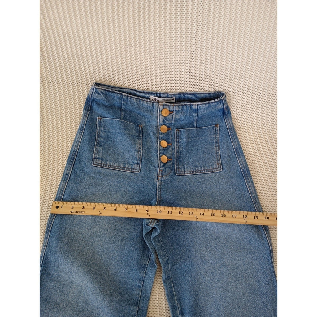 ZARA Super High Rise 13" Wide Leg Jeans Blue Patch Pocket Button Fly 4 W26x25