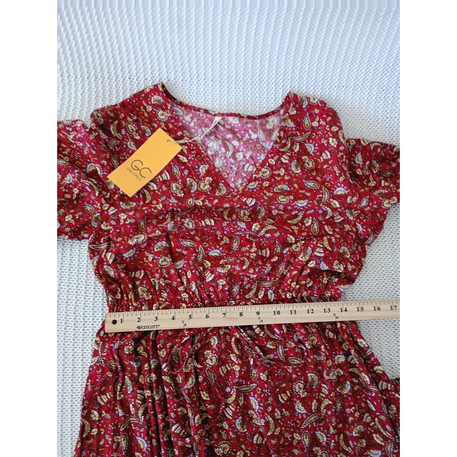 NWT Grecerelle Red Paisley Floral Maxi Dress V-Neck Short Sleeve Elastic Waist M