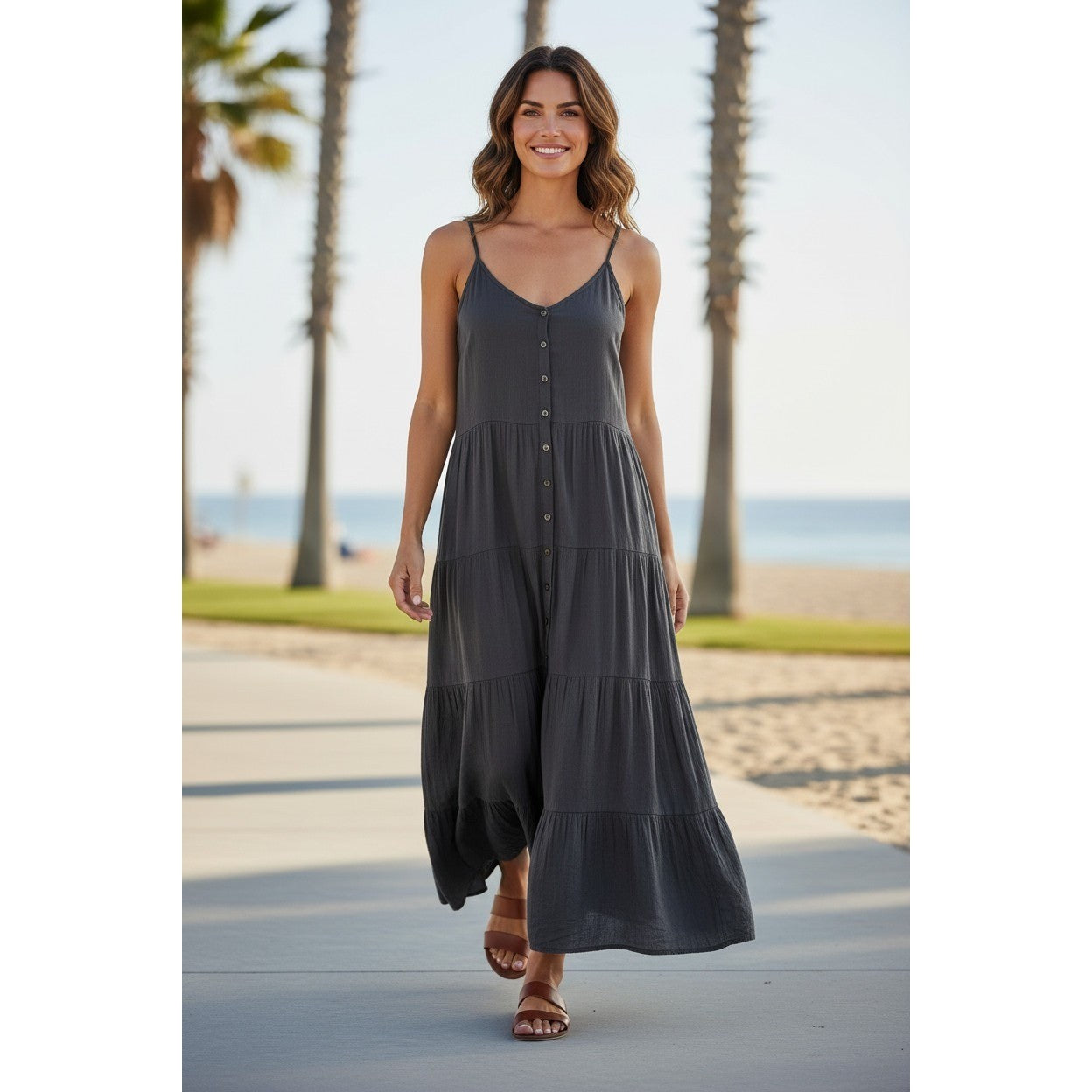 NWT Splendid Dark Gray Tiered Maxi Dress Crochet Lace Trim Boho Viscose M $188