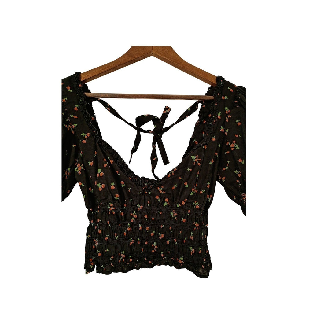 Urban Outfitters Navy Floral Puff Sleeve Smocked Top S Tie Back Coquette Boho