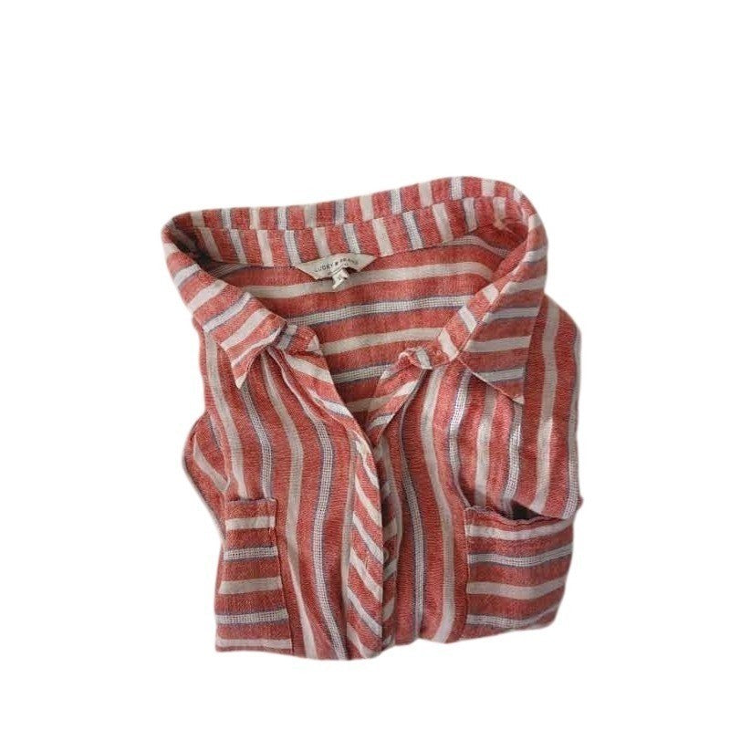 LUCKY BRAND Striped Button Up Tie Frnt Shirt Red Wht Blue Linen Blend XL Coastal