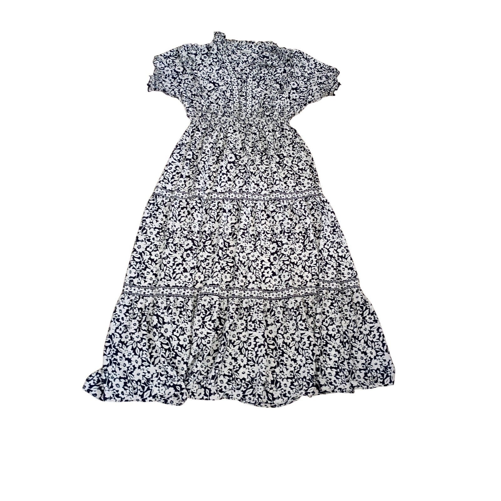 Max Studio London Black White Floral Smocked Waist Tiered Midi Dress Medium