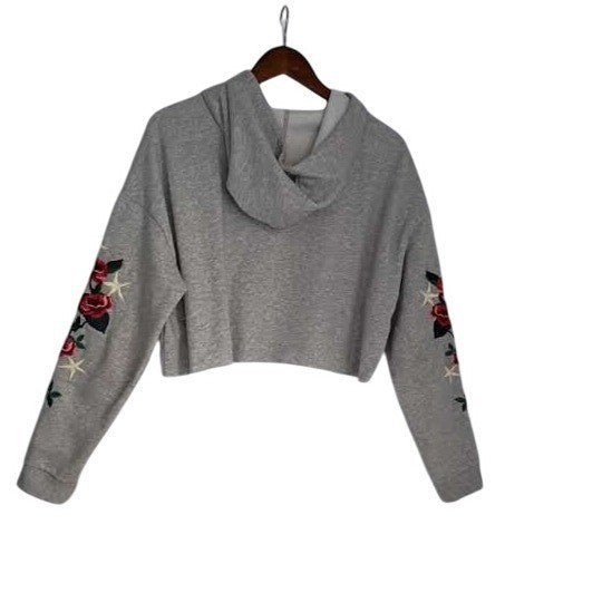 H&M Divided Gray Cropped Hoodie L Floral Rose Embroidered Raw Hem Cottagecore