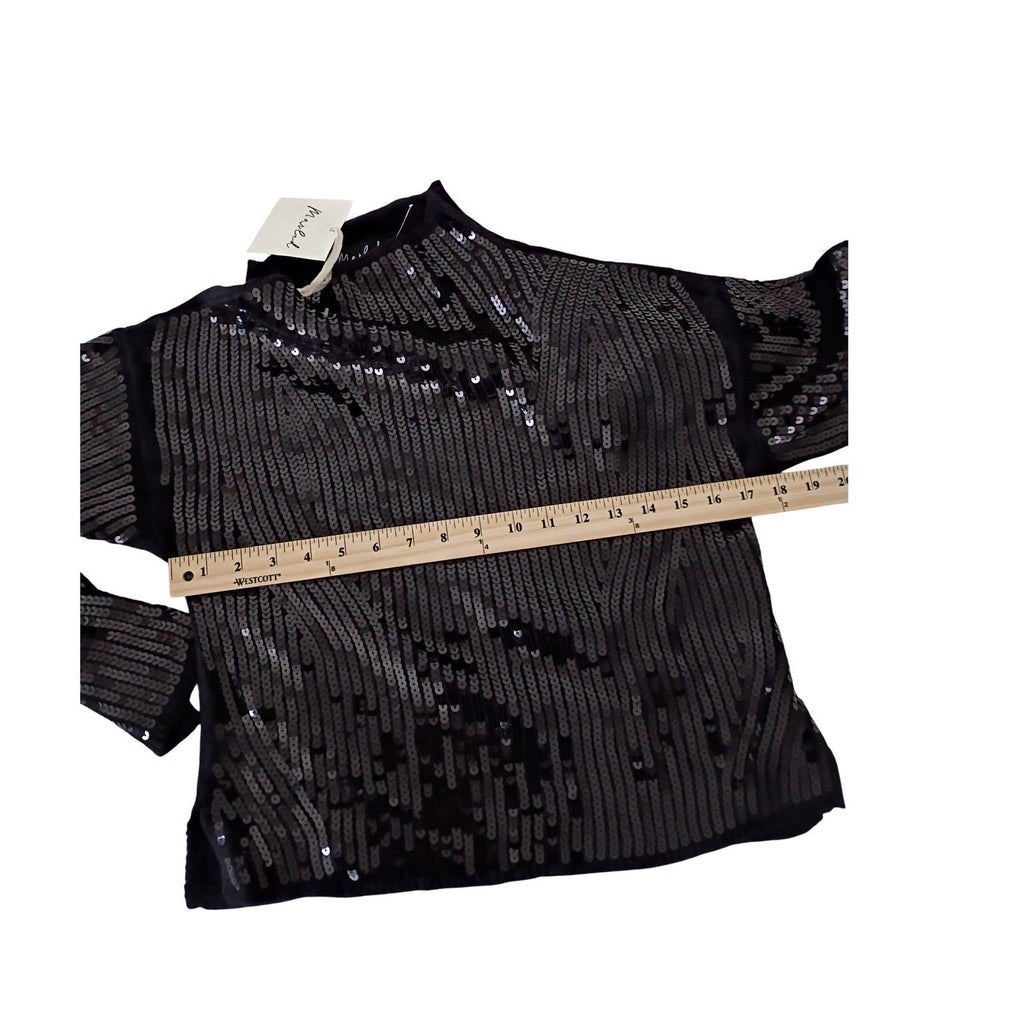 NWT Sequin Cropped Mock Neck Sweater Black Marled Party Knit Fits S