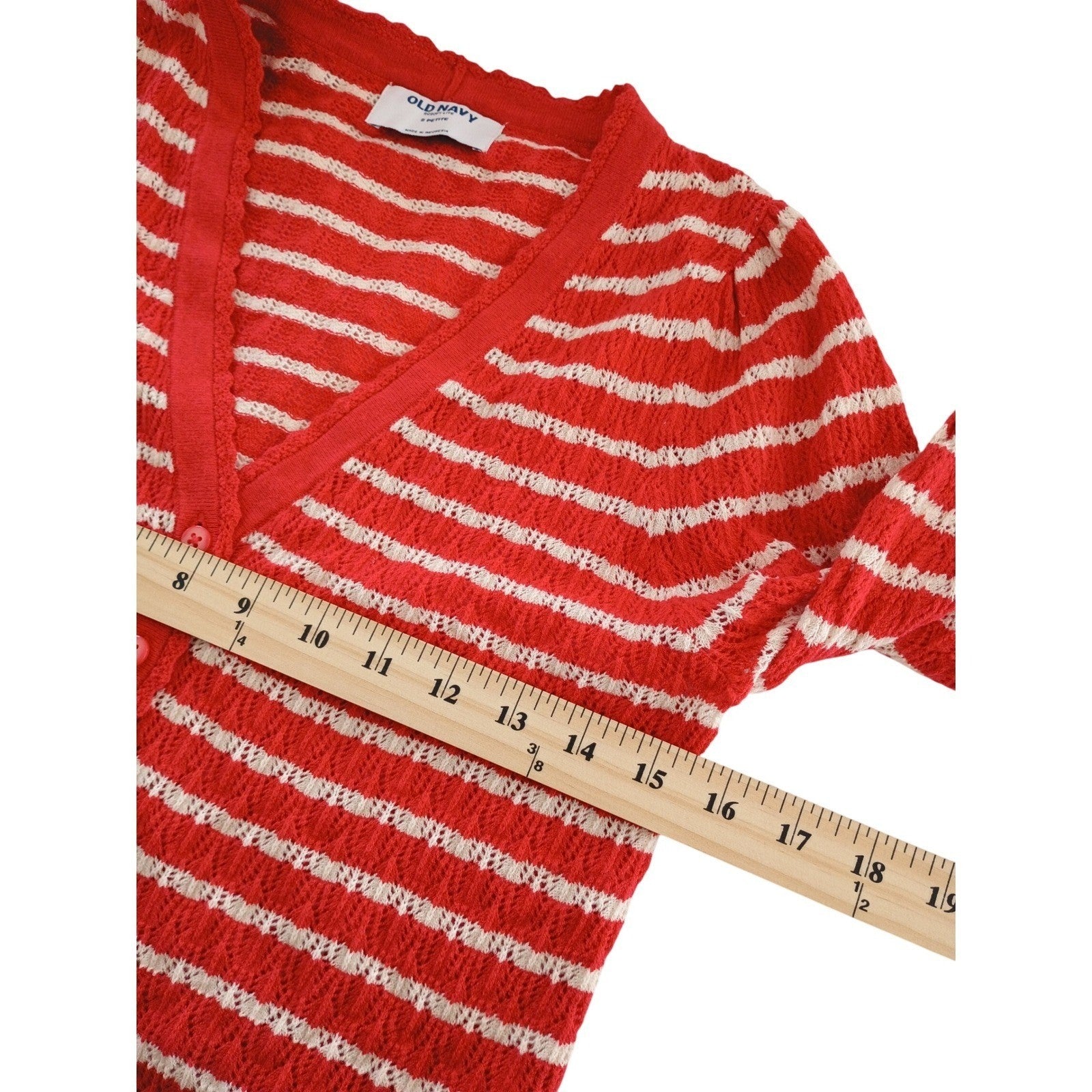 Old Navy S Petite Red White Striped Crochet Knit Button Front Cardigan Sweater