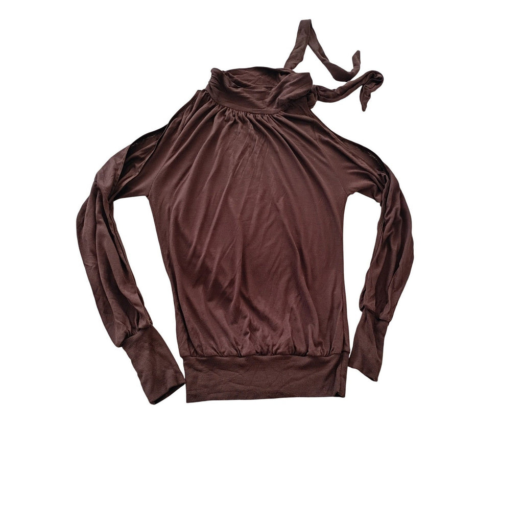 NWT ARDEN B. Y2K Chic Brown Halter Neck Tie Top Ruched Long Sleeve Fits S