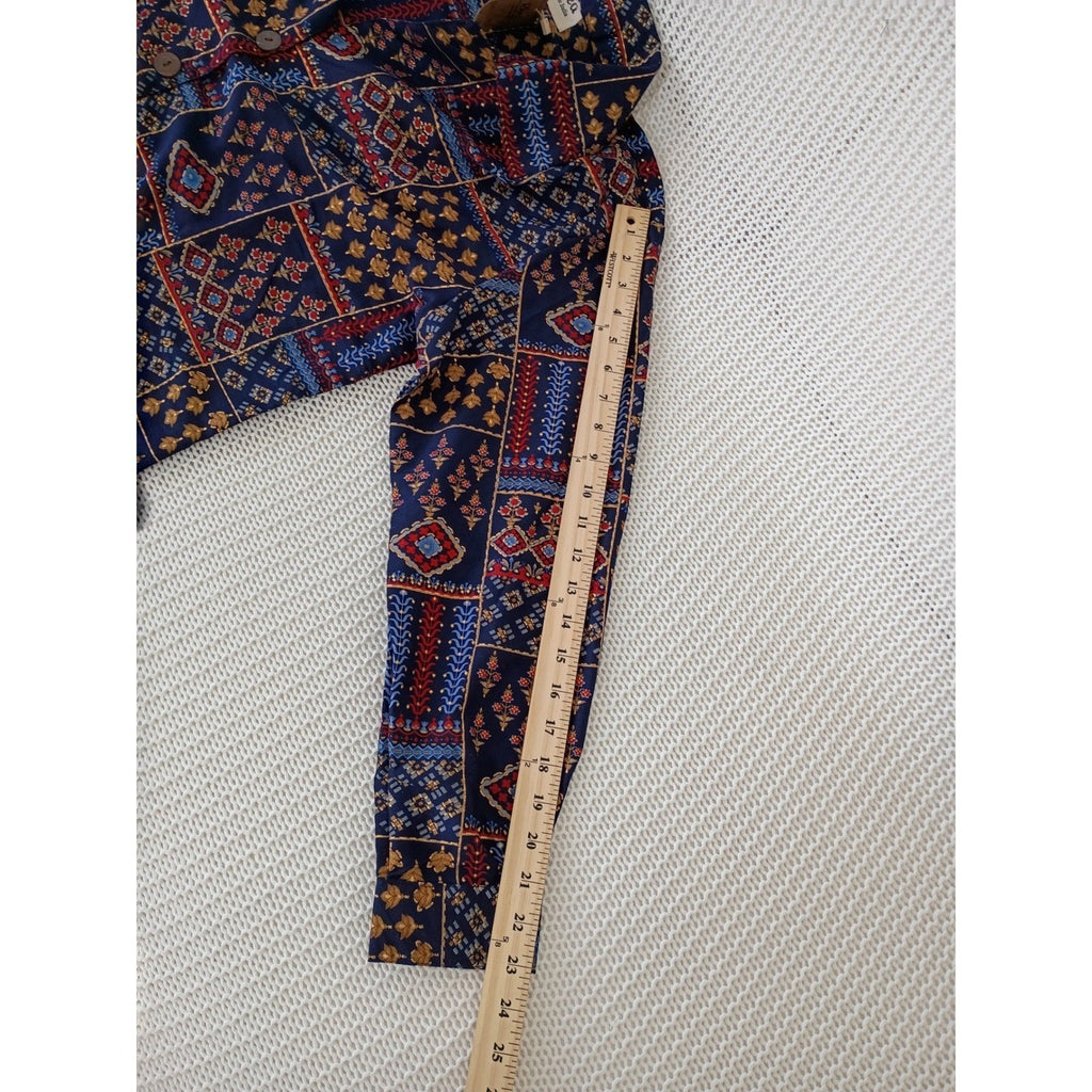RHEA NWT Silk Blend Navy Patchwork Block Print Button Down Shirt S/M Boho India