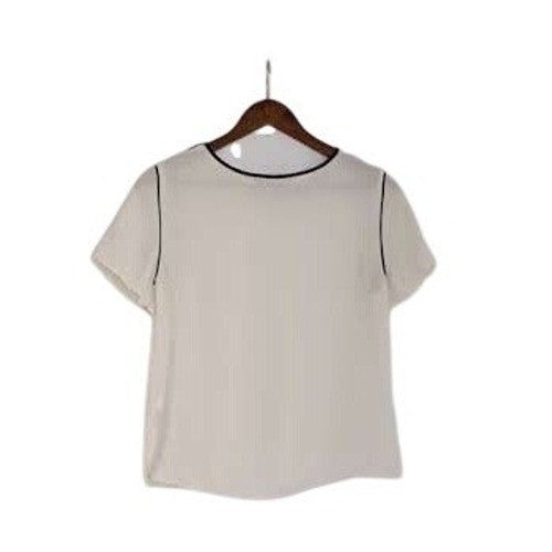 Banana Republic Ivory White Short Sleeve Blouse S Navy Blue Contrast Trim