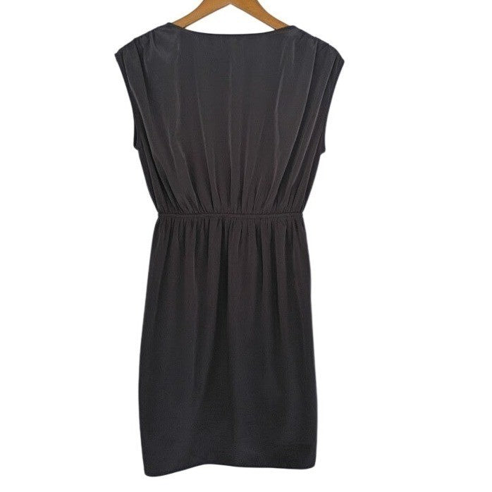 Grey Dolman Sleeve Faux Wrap Midi Dress with Pockets Elegant Romantic Neutral S