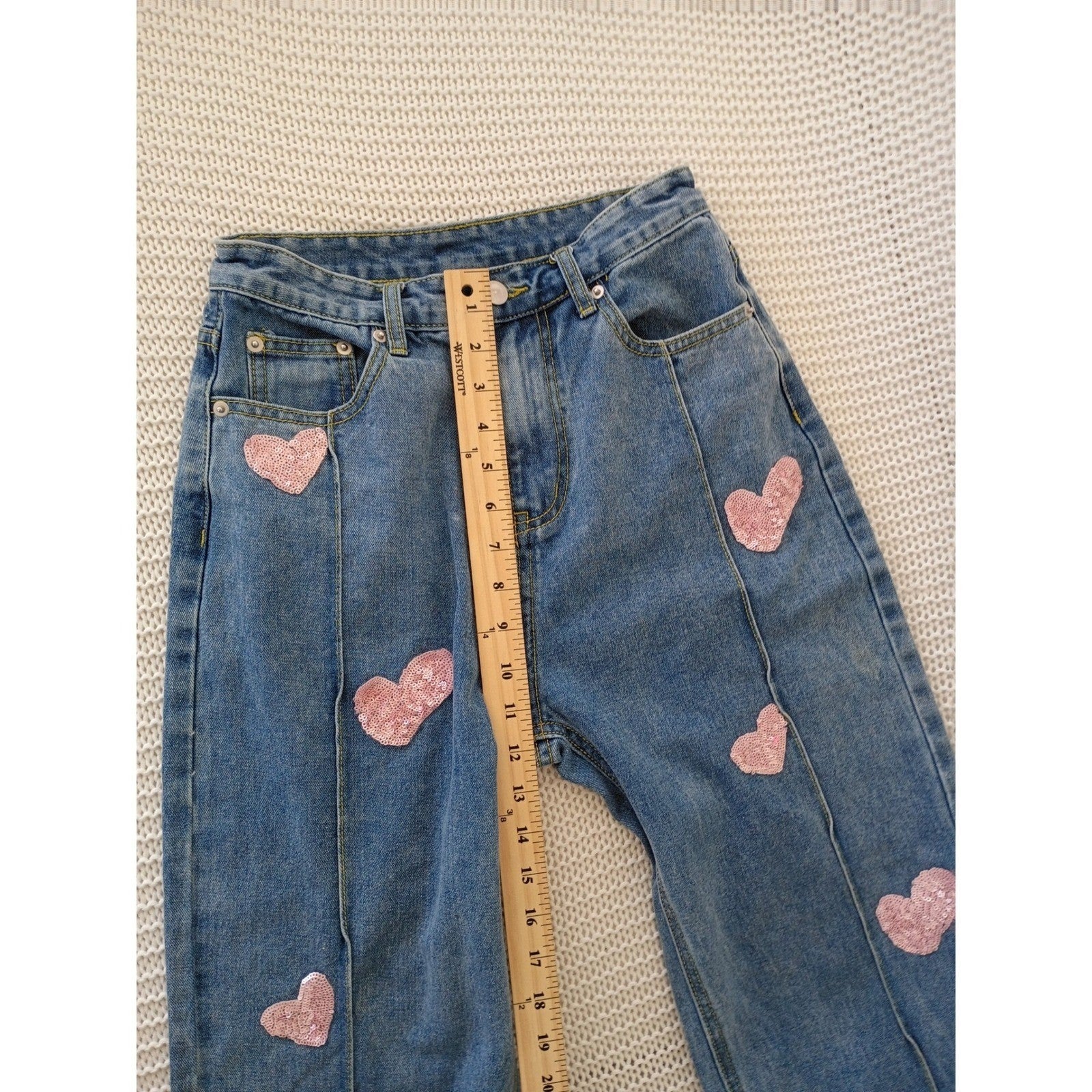 CIDER PINK Closet Sequin Heart Straight Leg Jeans High Rise Side Slit S 25x30