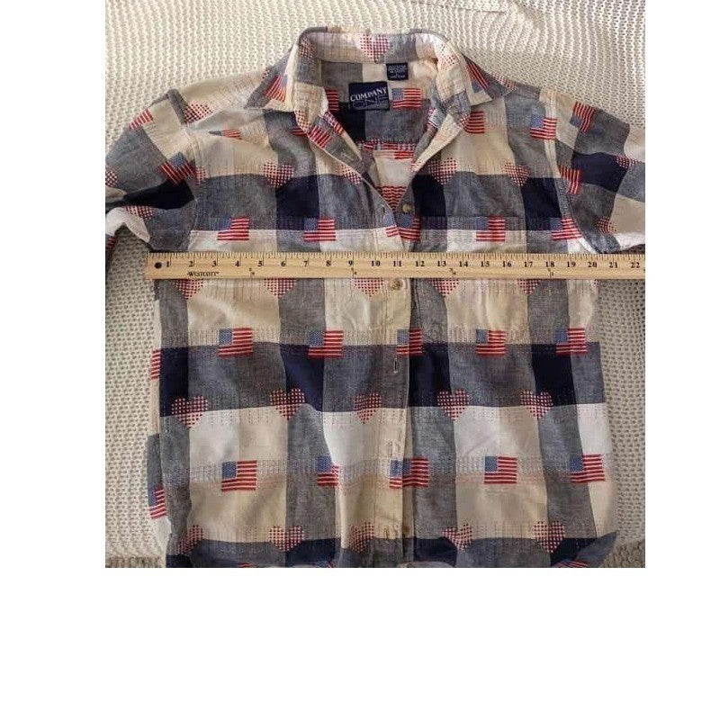COMPANY ONE Plaid Americana Flag Patchwork Button Down Shirt L 100% Cotton