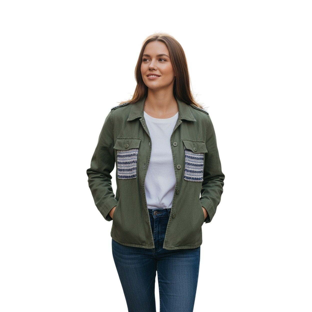 GAP Olive Green Utility Jacket Embellished Pocket Button Down Size M 100% Cotton