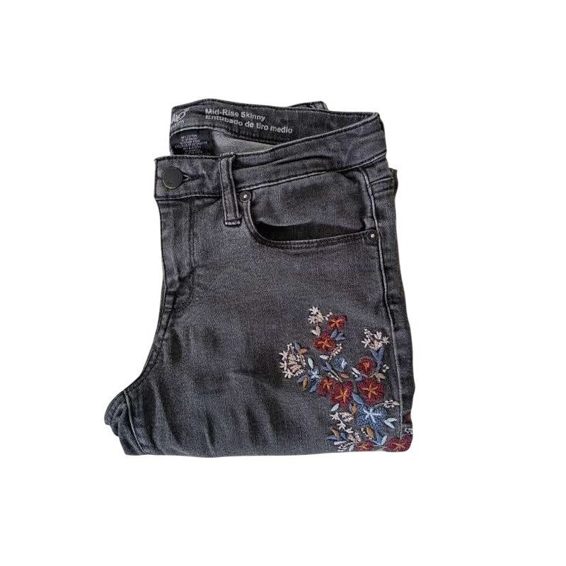 Funky Embroidered Black Skinny Jeans  Floral Art Denim Mid Rise 27x30.5 Massimo