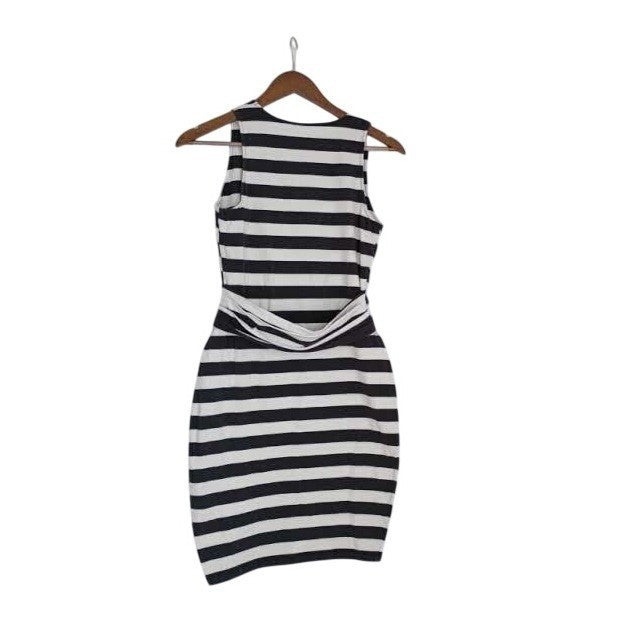 Rachel Roy Black/Wht Cotton Striped Slvless Draped Sheath Midi Dress Fits S $129
