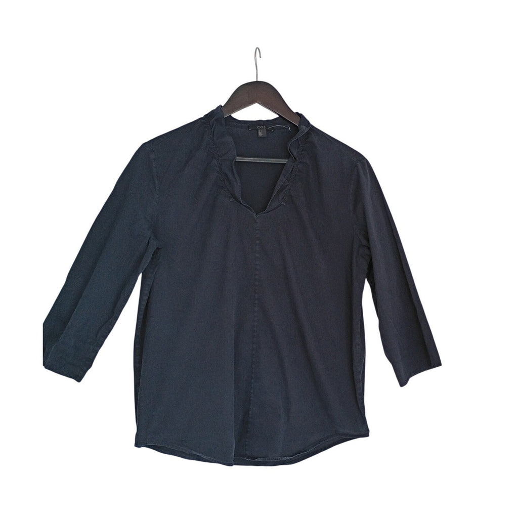 COS Navy Blue V-Neck Ruffle Trim 3/4 Sleeve Cotton Blend Blouse Top Small $89
