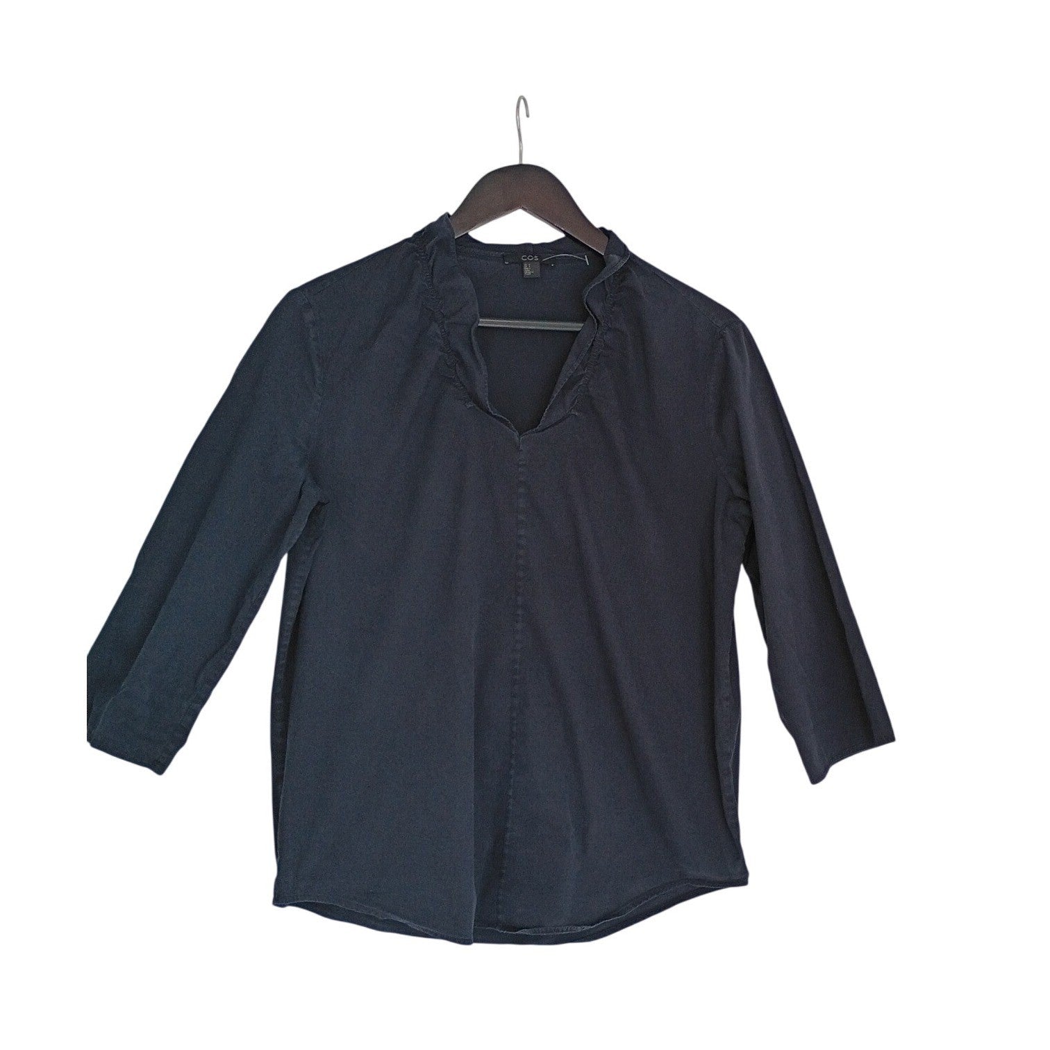 COS Navy Blue V-Neck Ruffle Trim 3/4 Sleeve Cotton Blend Blouse Top Small $89