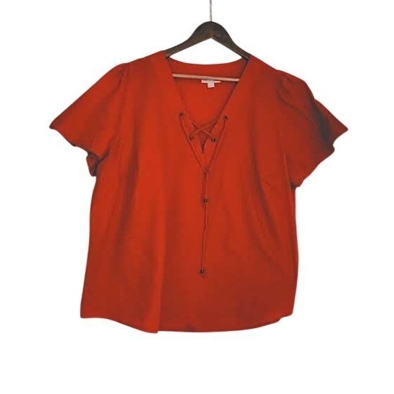 Knox Rose Red Lace Up 100% Cotton Bohemian Blouse  Fits L/ XL Short Slve V-Neck