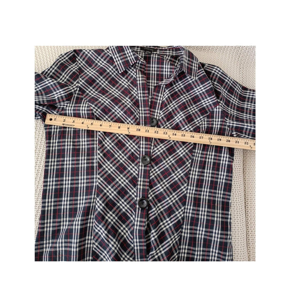 SPENSE Classic Black White Checkered Red Button Front Shirt Blouse L Casual Chic