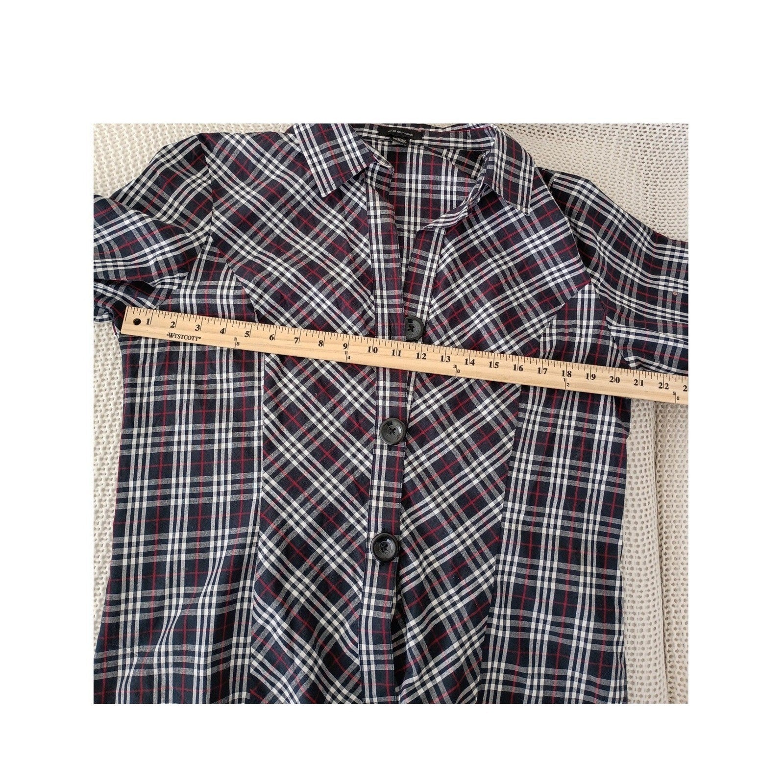 SPENSE Classic Black White Checkered Red Button Front Shirt Blouse L Casual Chic