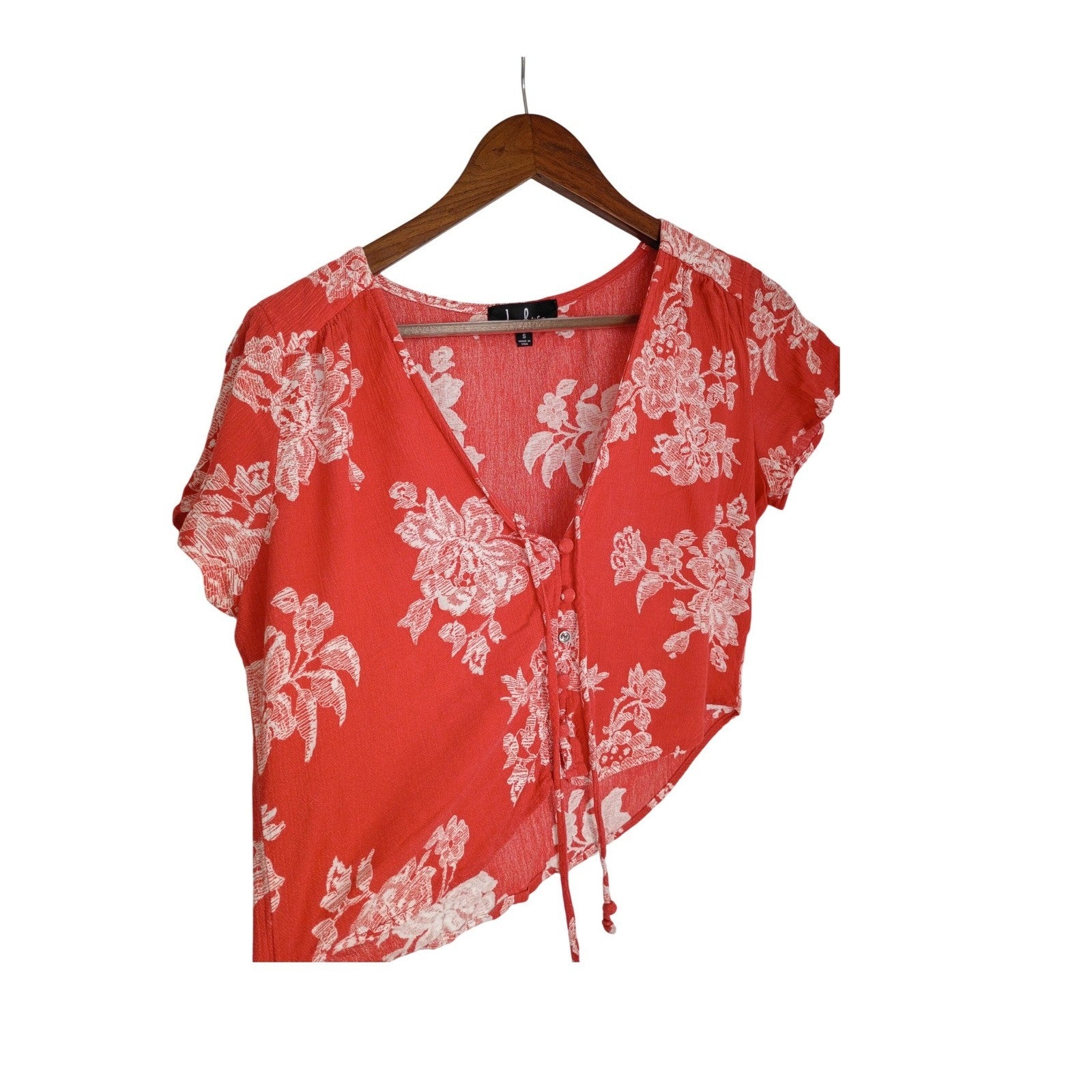 Lulus Coquette Red White Floral Tie Front Crop Top Puff Sleeve Milkmaid S