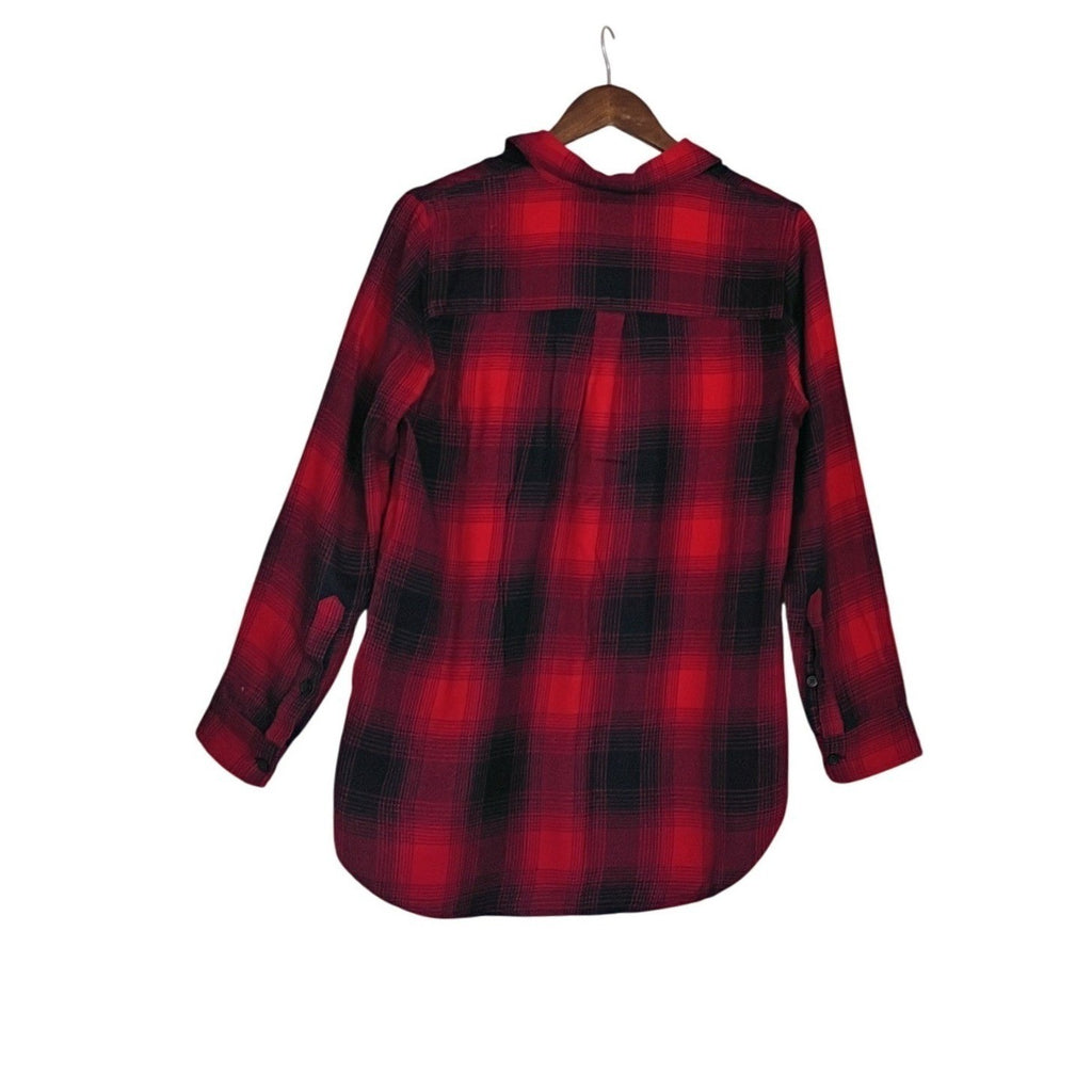 Madewell Red Navy Plaid Button Down Shirt Cotton Blend Hi-Low Hem Fits Women M/L
