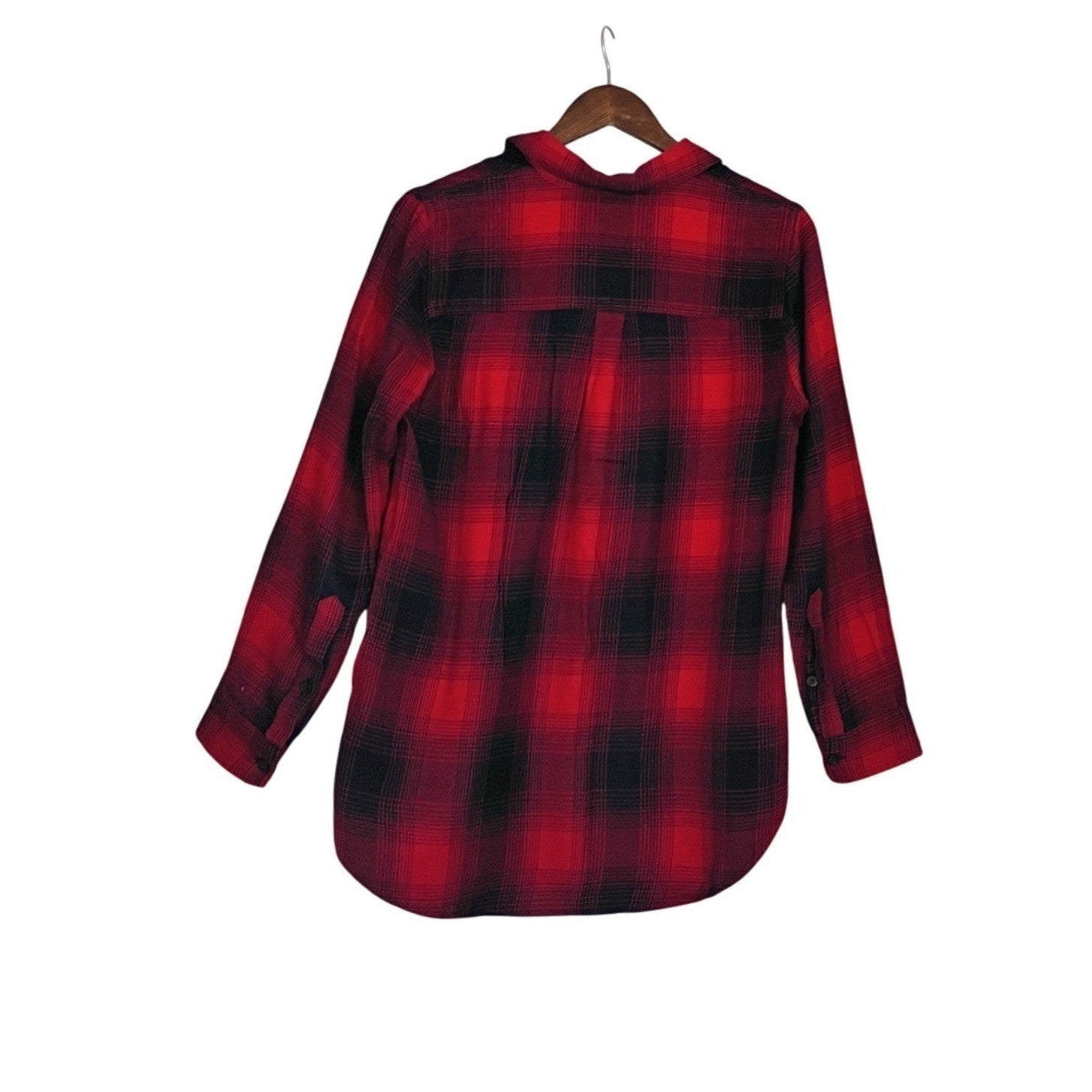 Madewell Red Navy Plaid Button Down Shirt Cotton Blend Hi-Low Hem Fits Women M/L