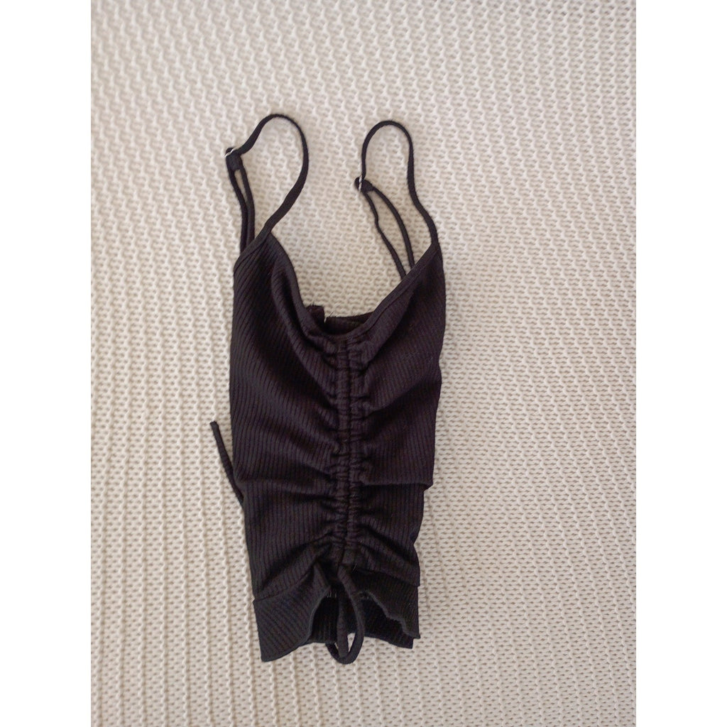 LOVE TREE Black Ribbed Cinched Front Cami Top Spaghetti Strap Cropped Coquette S