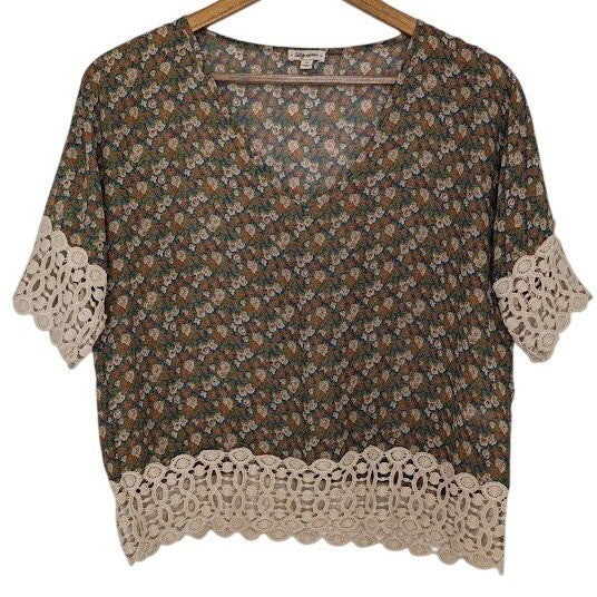 Lily Star Sheer Floral Blouse Crochet Trim V Neck Romantic Boho M USA