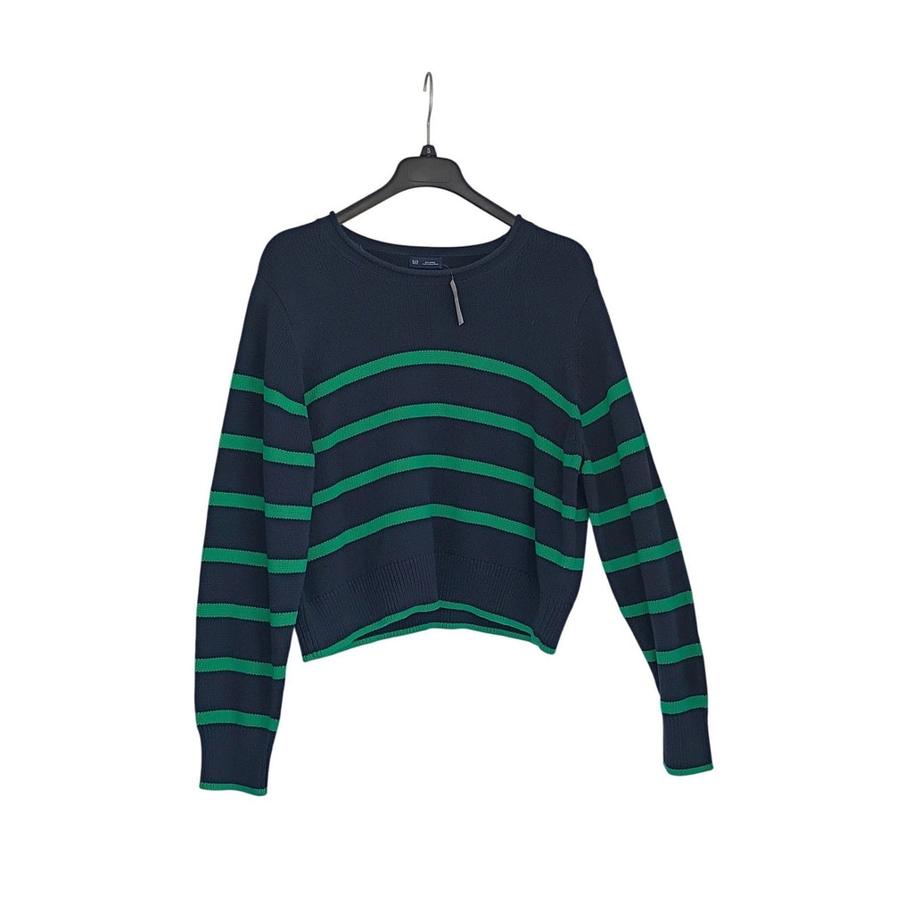 GAP NWT Navy Green Striped 100% Cotton Crewneck Sweater L Pullover Relaxed Fit