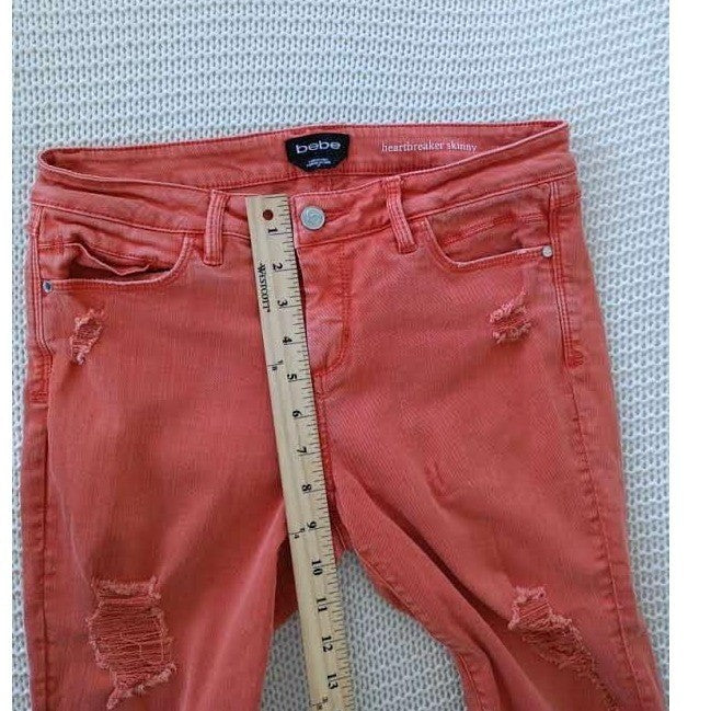 Bebe Heartbreaker Skinny Jeans 29x28 Coral Ornge Distressed Shredded Y2K McBling