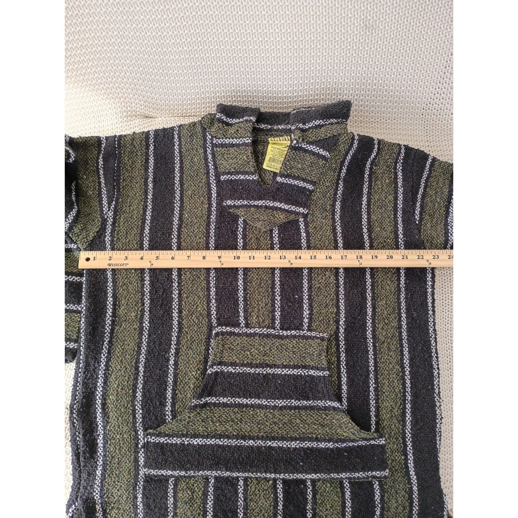 Baja Hoodie Mexican Blanket Womens L Striped Woven Surfer Boho Beach Pullover