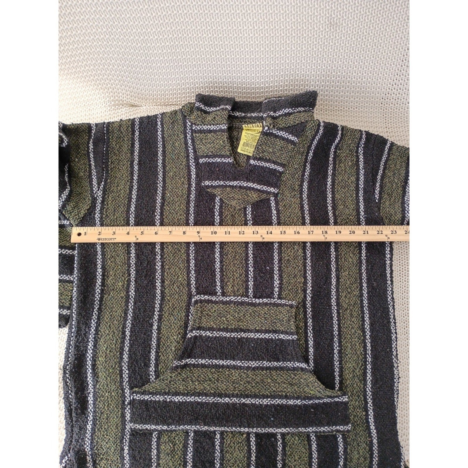 Baja Hoodie Mexican Blanket Womens L Striped Woven Surfer Boho Beach Pullover