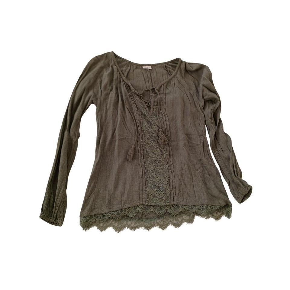 Hollister Olive Cotton Gauze Lace Up Boho Blouse Crochet Trim Long Sleeve S