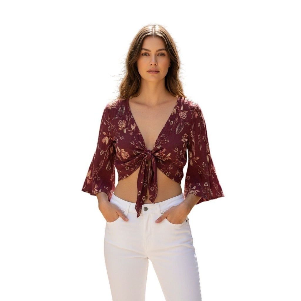 Billabong Berry Pink Floral Tie Front Crop Top S Small V-Neck Boho Surfer Beach