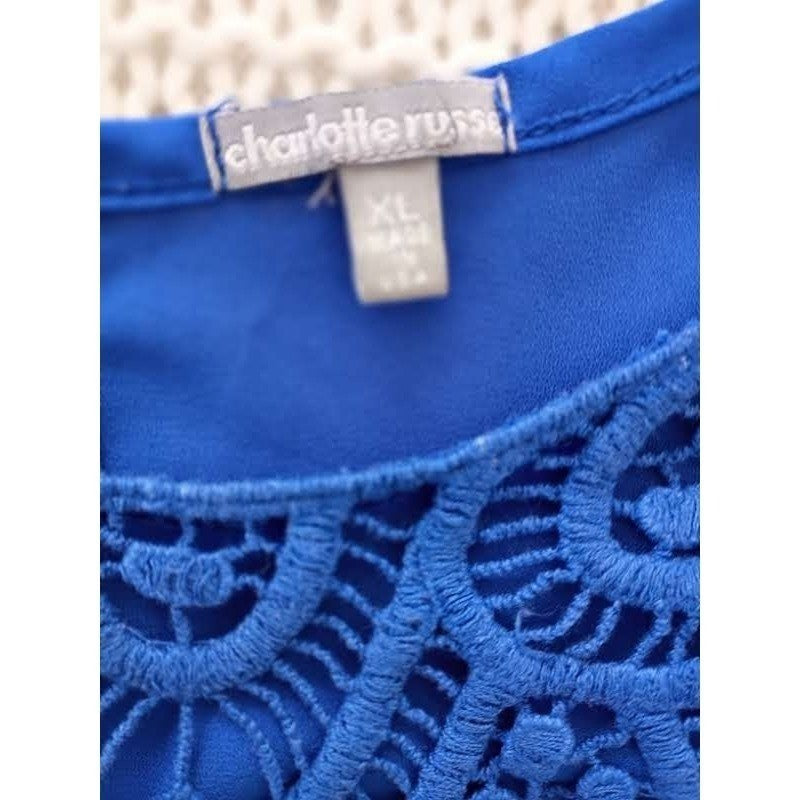 Vintage Charlotte Russe Y2K Royal Blue Cold Shoulder Crochet Lace Top L Festival