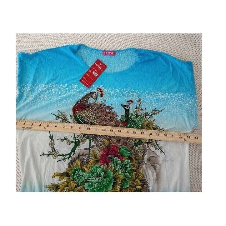 I STYLE Tropical Turquoise Blue Peacock Floral Print Sht Sleeve Tunic Top L