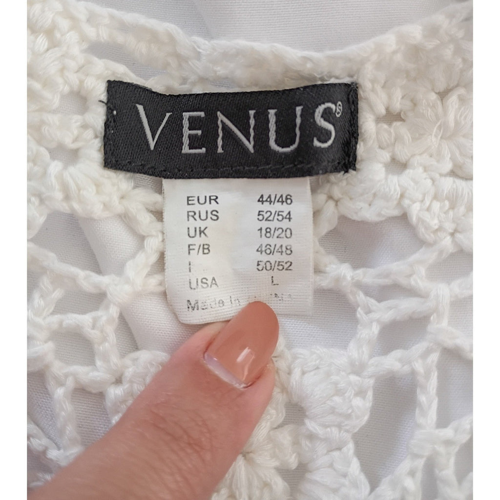VENUS Made in Italy White Crochet Lace Cotton V Neck Tunic Cover Up Boho L