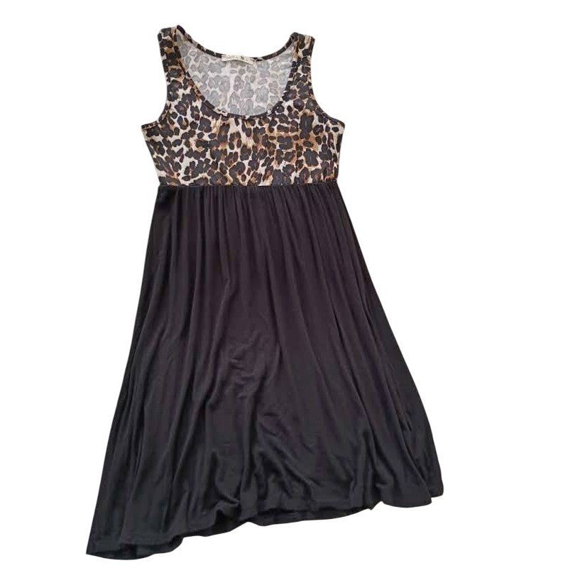 Coco USA Leopard Print Skater Dress Fit & Flare Black Sleeveless L Fits M Boho