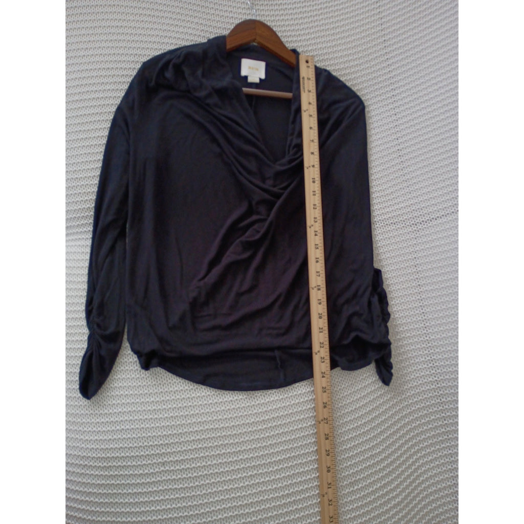 Maeve Anthropologie Black Ruched Draped V-Neck Long Sleeve Blouse S/M Minimalist