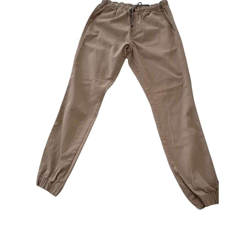 Free World Clothing 100% Cotton Cargo Jogger Pants Tan Drawstring Size Medium