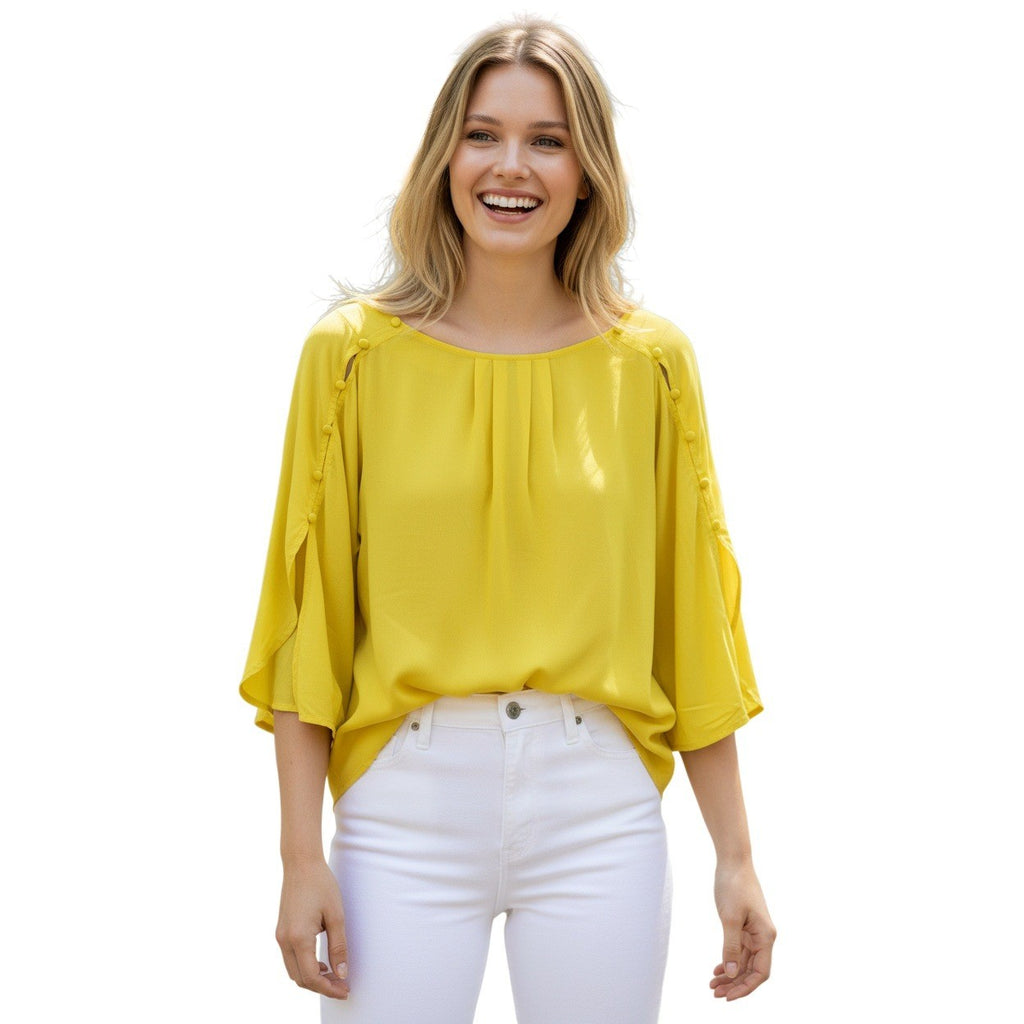 Maeve Anthropologie Citron Yellow Pleated Button Sleeve Rayon Blouse Fits S/M