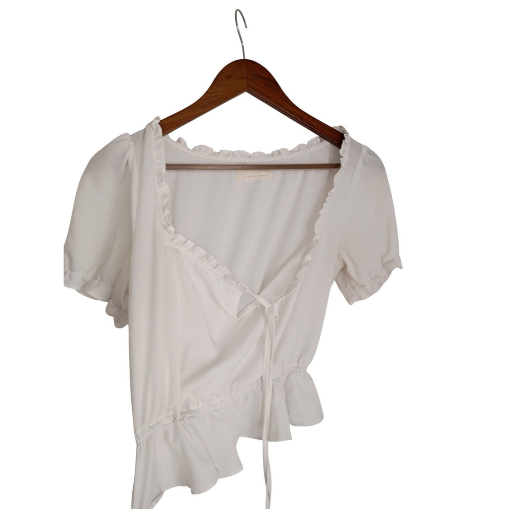 Urban Outfitters Coquette Ruffle Tie Front Puff Sleeve Crop Top White S
