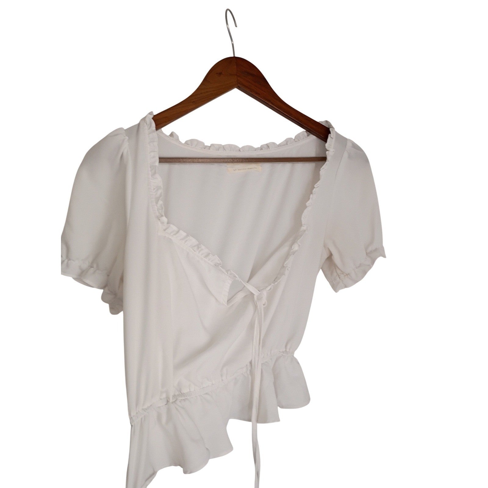 Urban Outfitters Coquette Ruffle Tie Front Puff Sleeve Crop Top White S