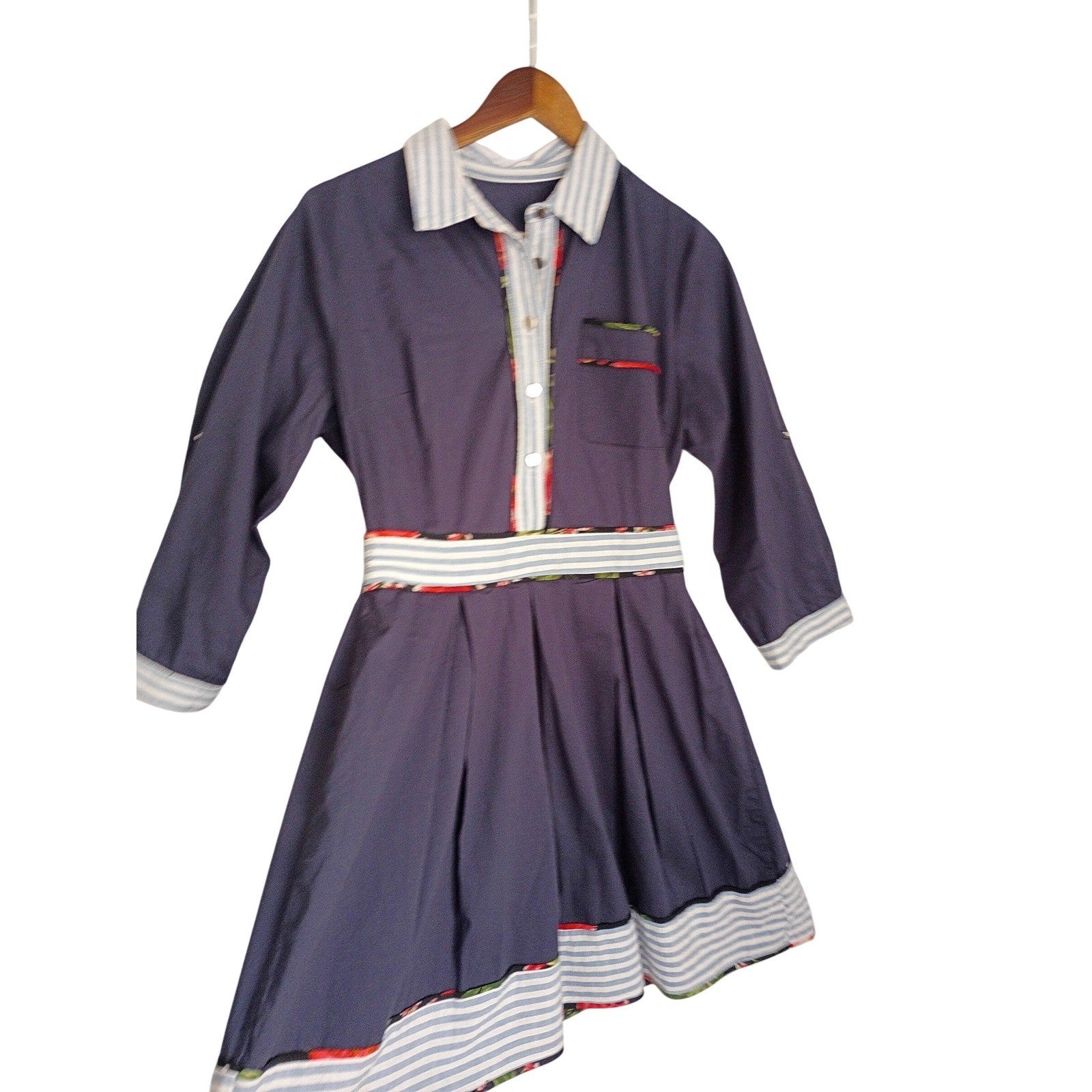 VTG Navy Blue Pleated Shirt Dress Striped Floral Trim Cowgirl Cottagecore