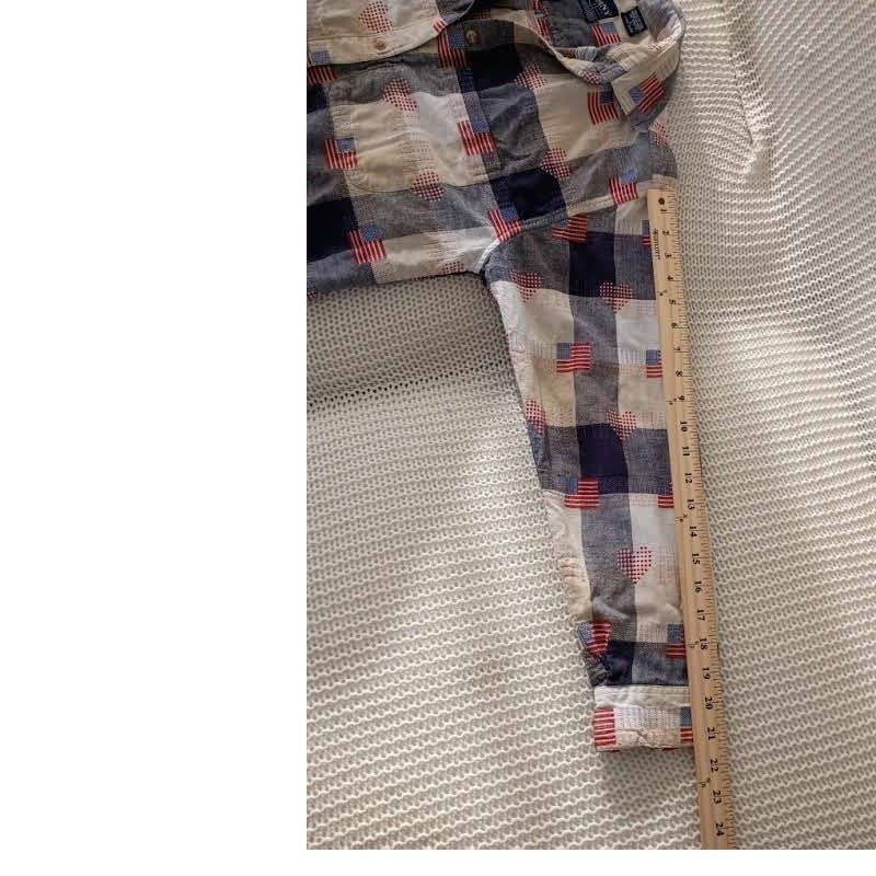 COMPANY ONE Plaid Americana Flag Patchwork Button Down Shirt L 100% Cotton