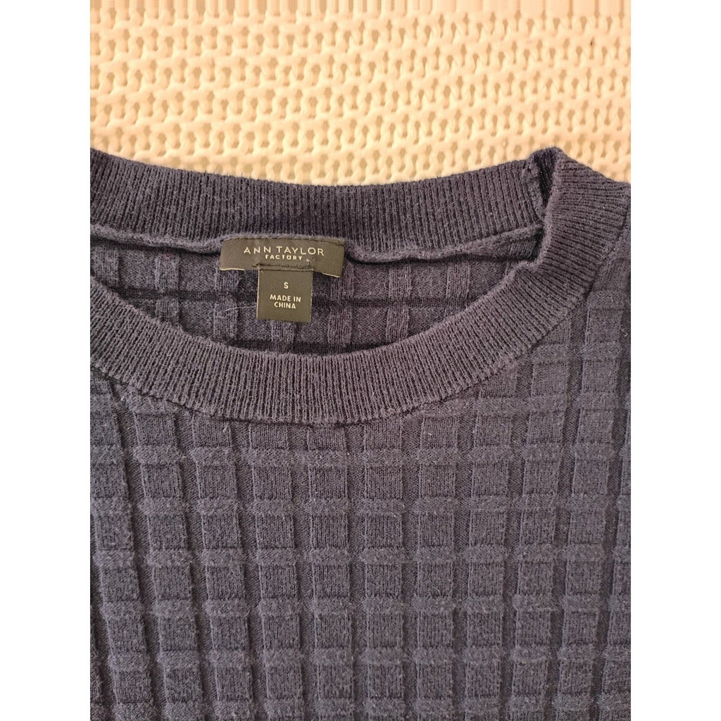 Ann Taylor Cotton Wool Sweater Navy Textured Crew Neck Quiet Luxury S