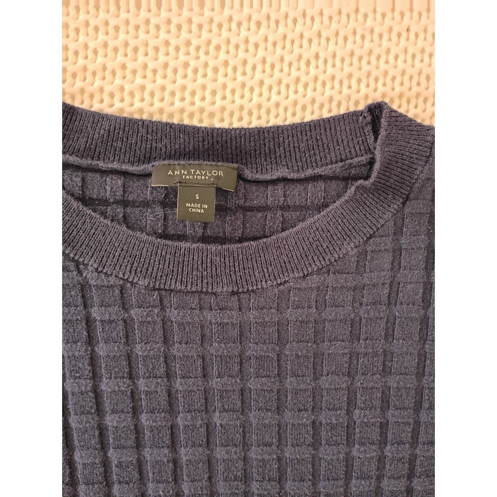 Ann Taylor Cotton Wool Sweater Navy Textured Crew Neck Quiet Luxury S