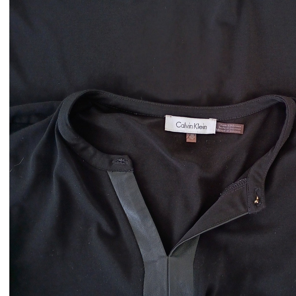 Calvin Klein Black Sleeveless V-Neck Sheath Top with Faux Leather Trim Size M